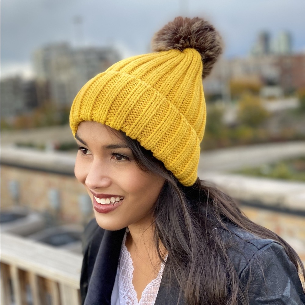 Cute Mustard Color Pom Pom beanie